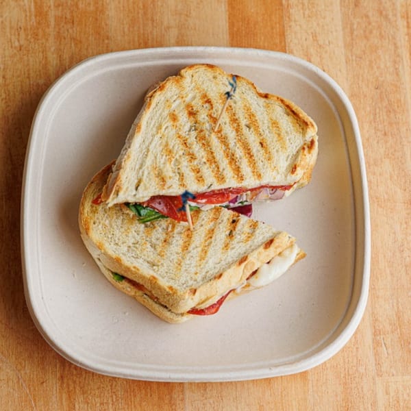 Grilled panini sandwich with melted cheese, tomatoes, and greens on a light plate.